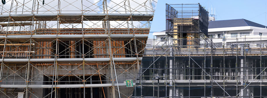 ビル、マンション、施設など幅広く枠組足場、くさび型足場を手掛けています